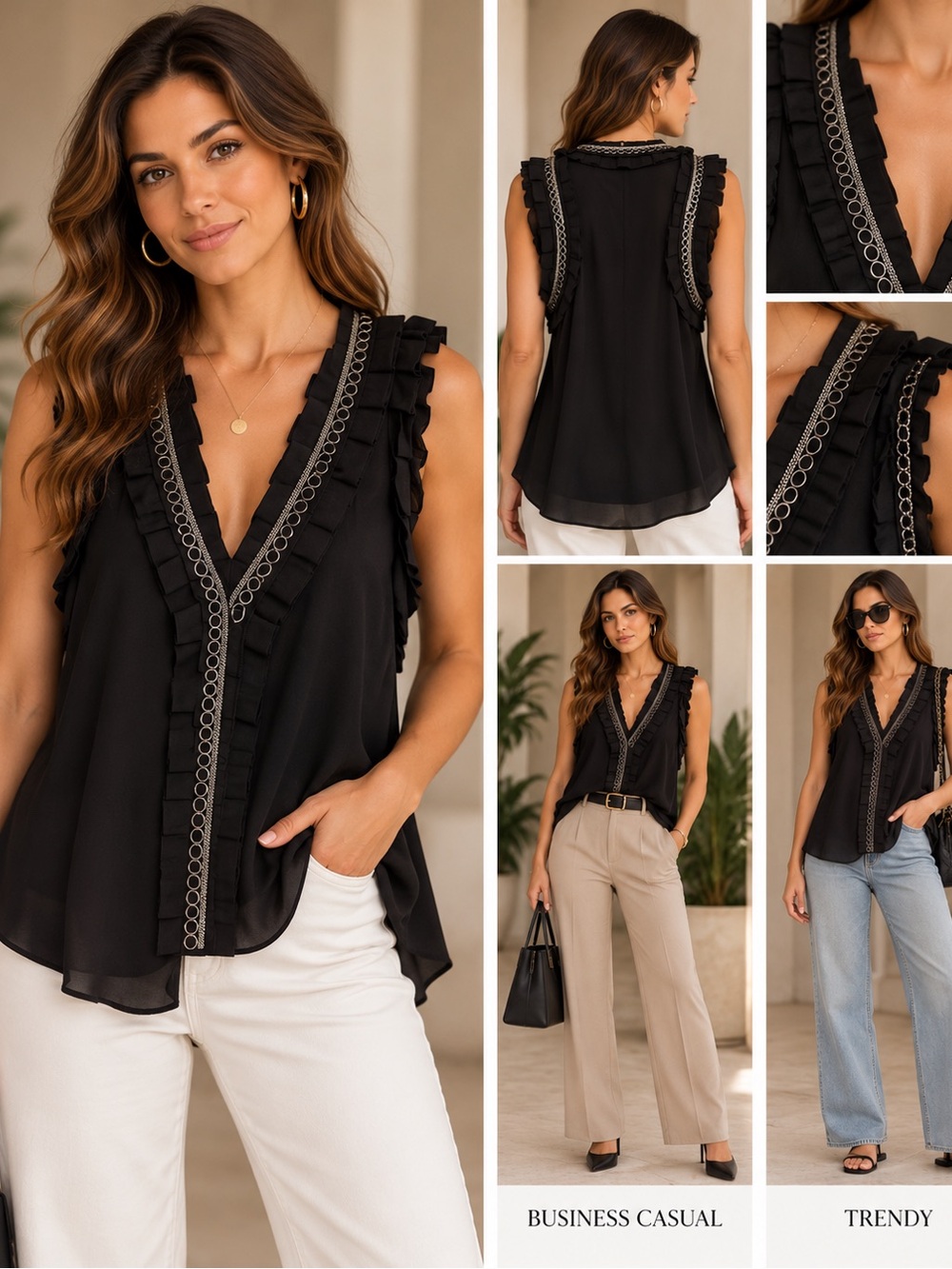 NWT! Robbi & Nikki by Robert Rodriguez Black Ruffle-Chain Trim Tank, Small